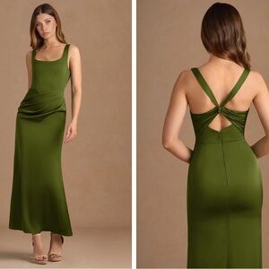 Azazie Jessamine Olive green satin maxi dress